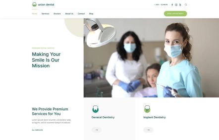 Union Dental Joomla template Home Page in White Green Style