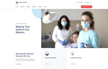 Union Dental Joomla template Home Page in White Red Style