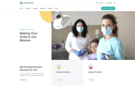 Union Dental Joomla template Home Page in White Turquoise Style